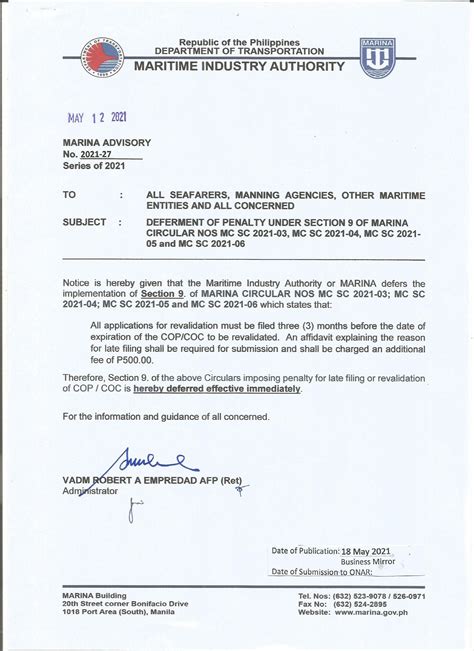 Marina Memorandum Circular No. SC.